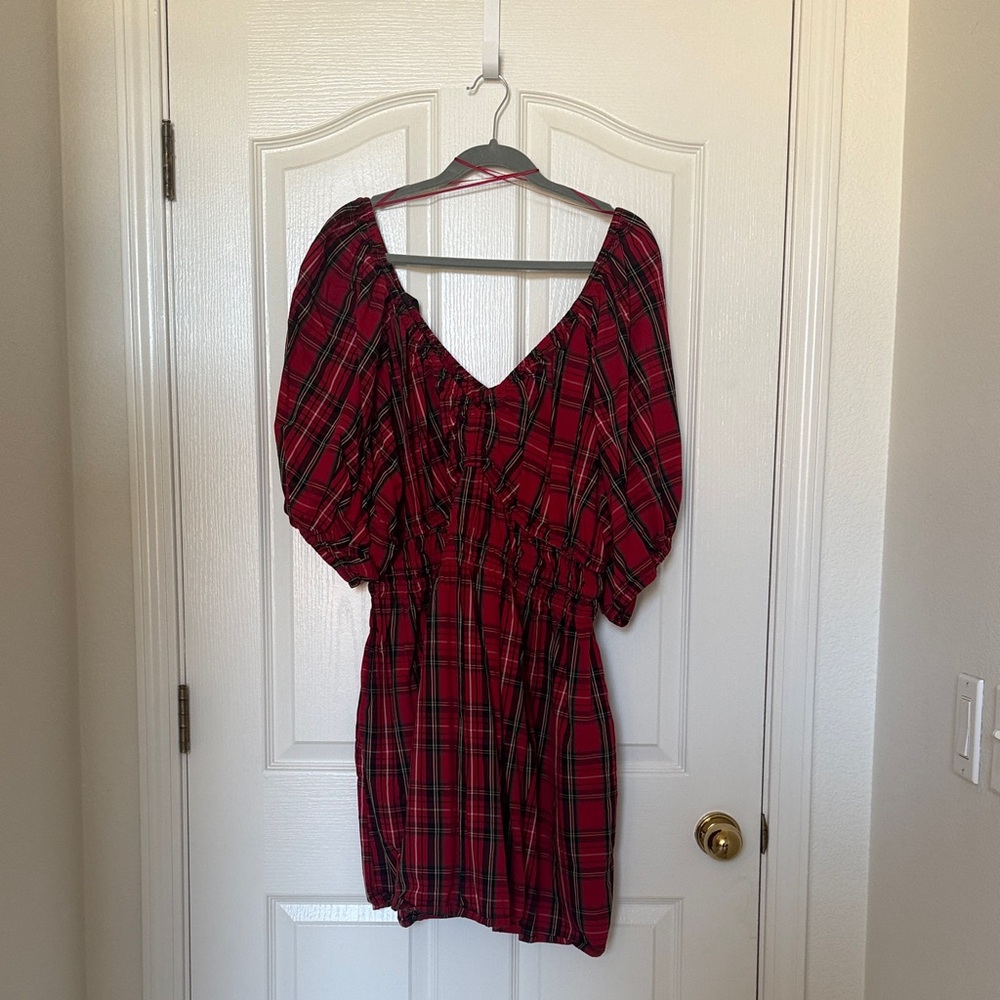 Old Navy Red Plaid Dress with Puff Sleeves